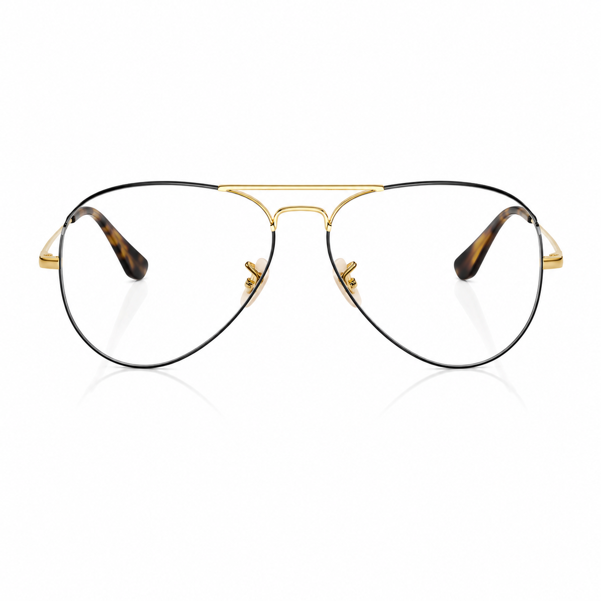 A pair of classic aviator-style eyeglasses with thin gold metal double bridge, black metal lower rims, and tortoiseshell acetate temples, shown on a clean white background with a subtle reflection.