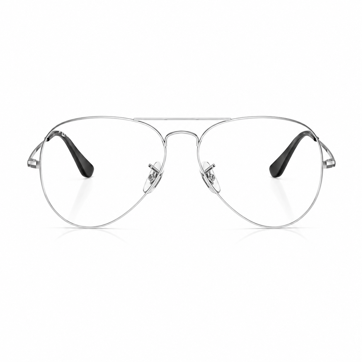 A pair of classic aviator-style eyeglasses with a thin silver metal frame and clear lenses, featuring black temple tips, shown against a plain white background.