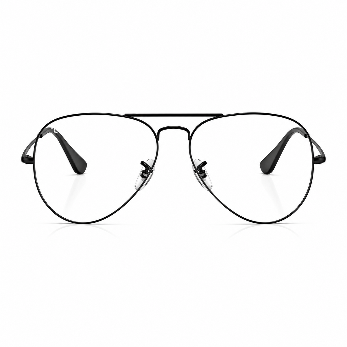 Black metal aviator-style eyeglasses with clear lenses, shown from the front on a white background.