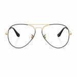A pair of classic aviator-style eyeglasses with a thin black metal frame, gold double bridge, and black temple tips, shown on a clean white background.