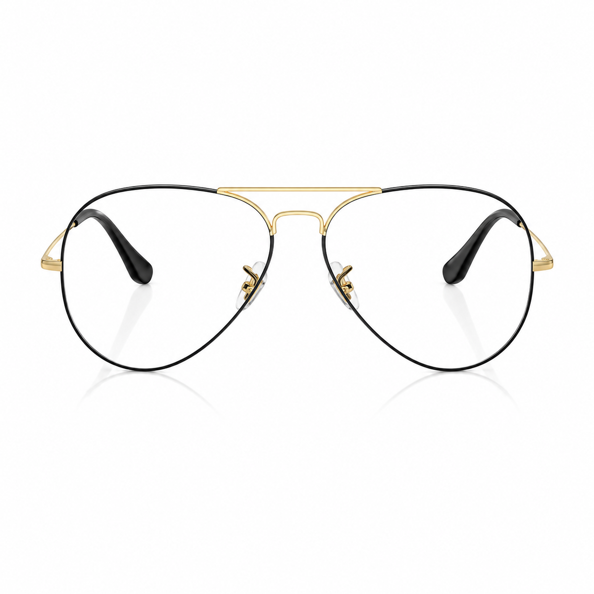A pair of classic aviator-style eyeglasses with a thin black metal frame, gold double bridge, and black temple tips, shown on a clean white background.