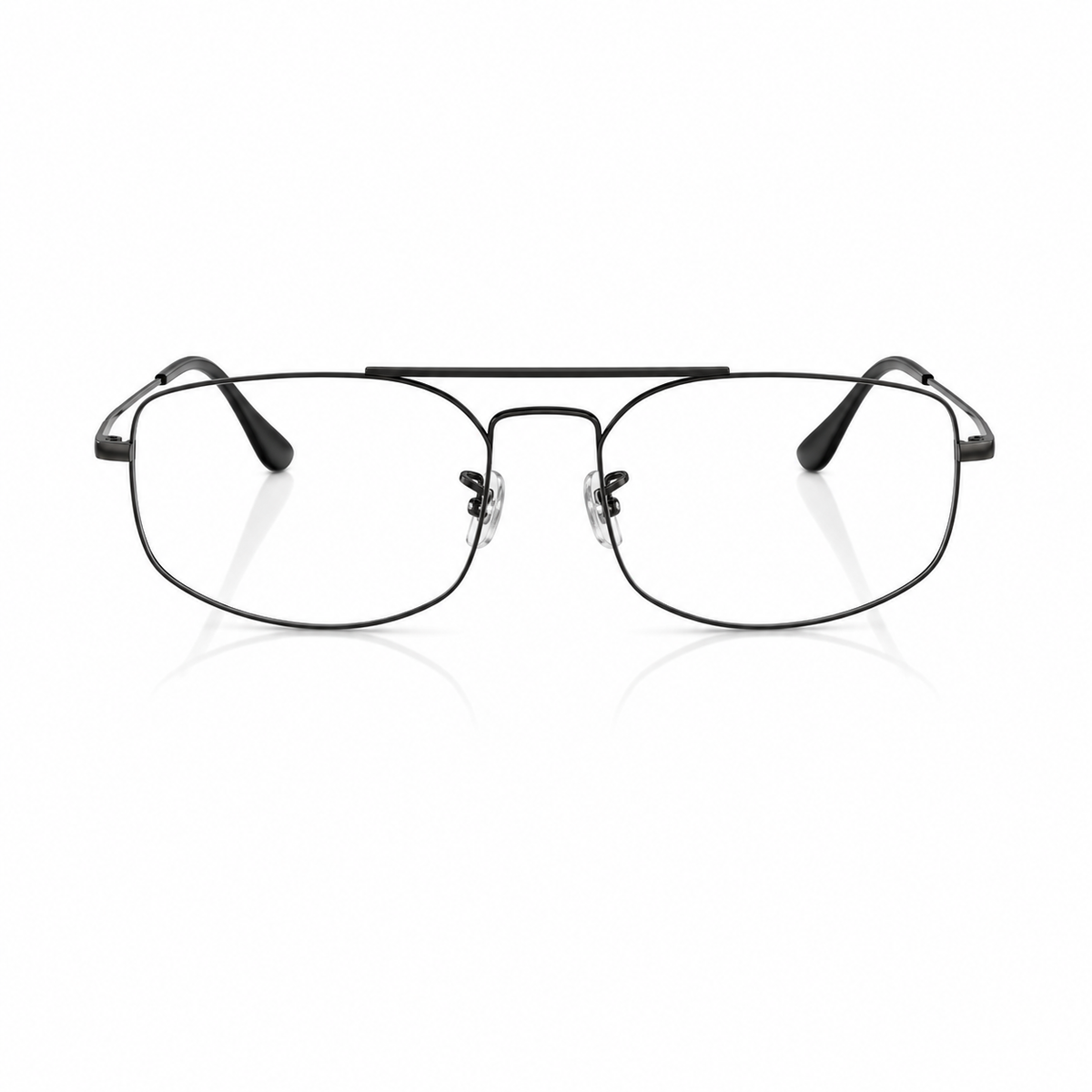 A pair of full-rimmed square eyeglasses with a thin black metal frame and clear lenses, shown from the front on a white background with a subtle reflection.