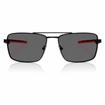 A pair of modern square aviator-style sunglasses with a black metal frame, dark gray lenses, and a distinctive red accent strip on the inner side of each lens, shown against a plain white background with a soft reflection below.