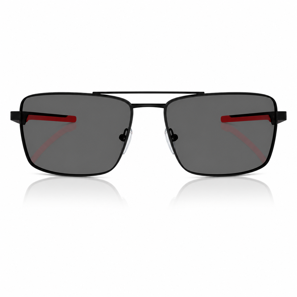 A pair of modern square aviator-style sunglasses with a black metal frame, dark gray lenses, and a distinctive red accent strip on the inner side of each lens, shown against a plain white background with a soft reflection below.