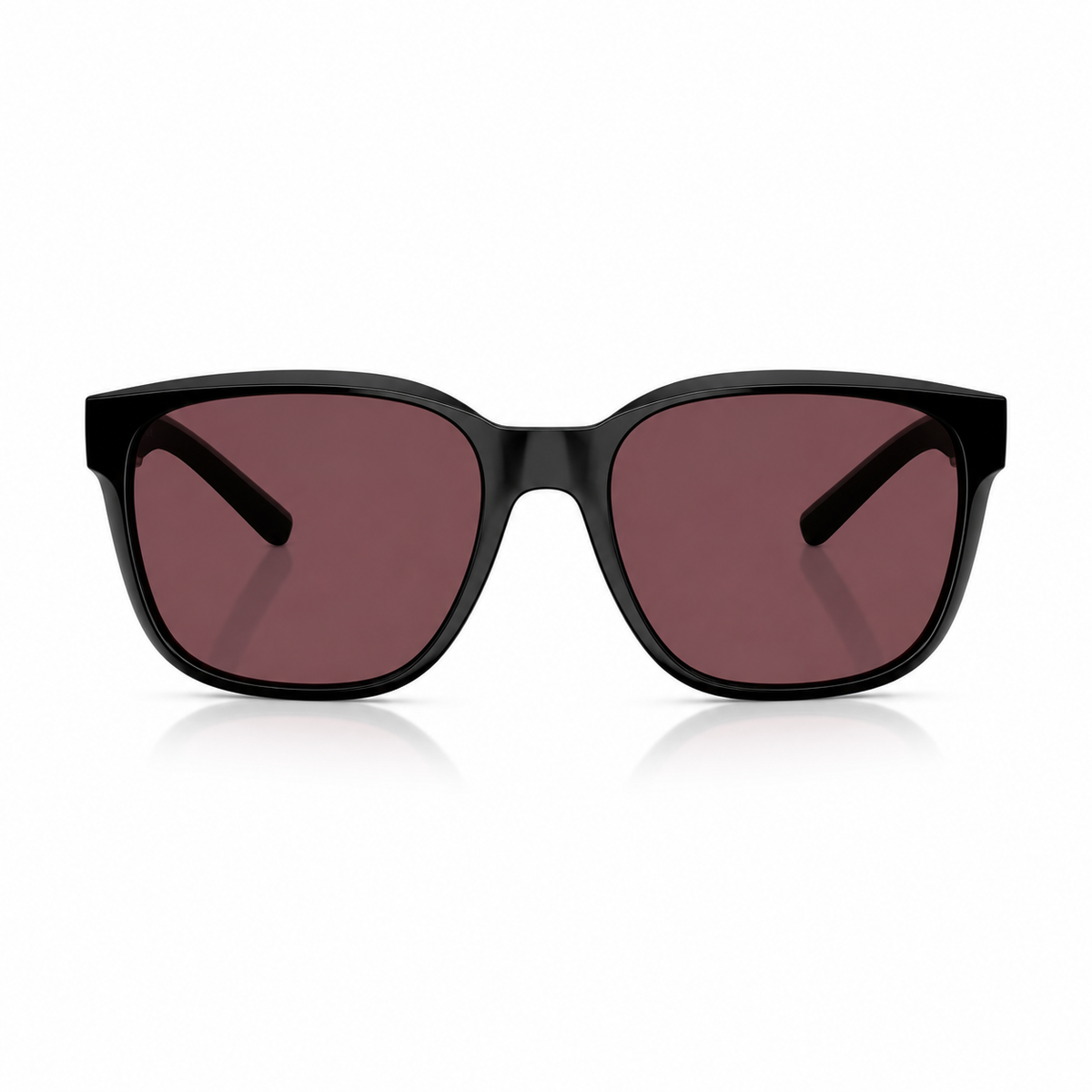 Black square sunglasses with dark tinted lenses, shown from a front-facing perspective on a clean white background with a subtle reflection.
