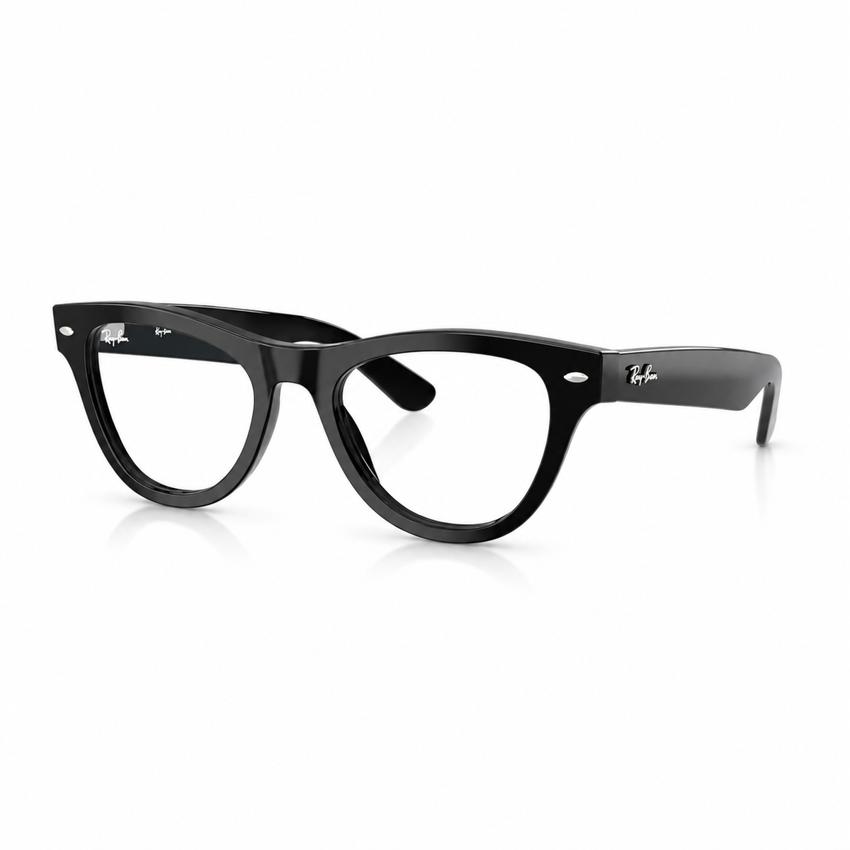 Black acetate Wayfarer-style eyeglasses with clear lenses, shown at a three-quarter angle on a white background.