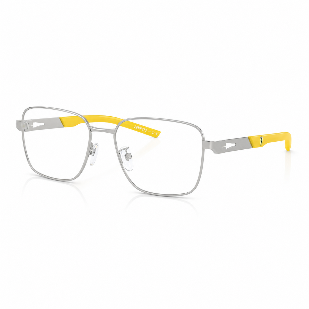 A pair of modern square-frame eyeglasses with a silver metal frame and bright yellow temple accents, shown on a clean white background.