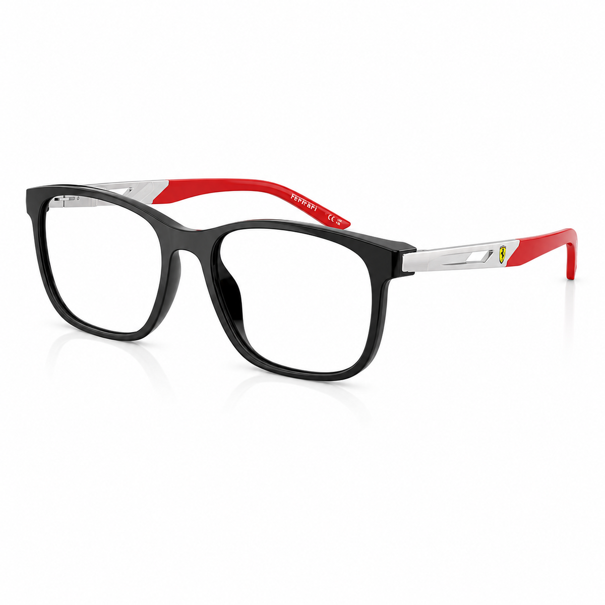 Black and red Ferrari eyeglasses with silver metal temples and clear lenses, shown on a white background.