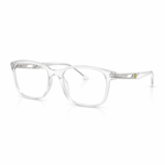 Transparent square eyeglasses frames with clear lenses and a small yellow logo on the temple arm, shown on a white background.