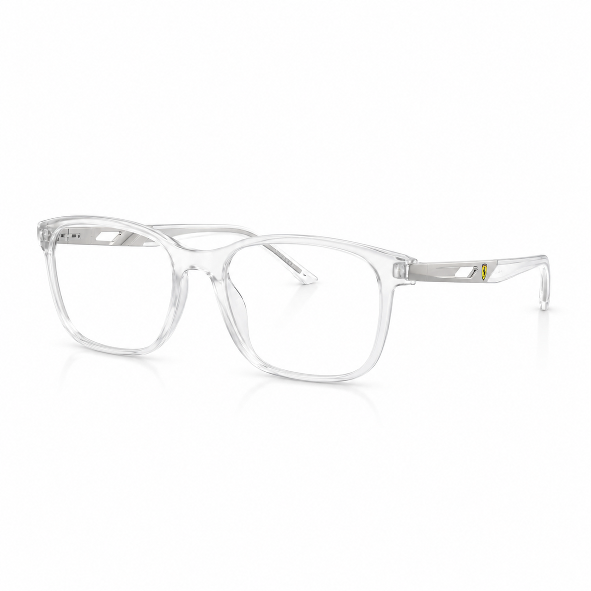 Transparent square eyeglasses frames with clear lenses and a small yellow logo on the temple arm, shown on a white background.