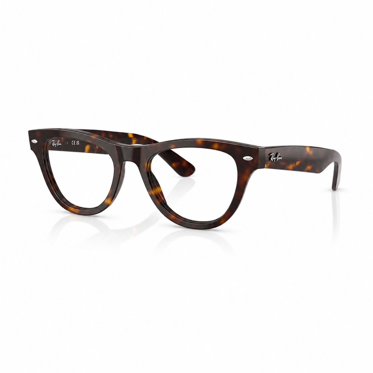 Ray-Ban Wayfarer-style eyeglasses in a dark brown and amber tortoiseshell acetate, shown on a clean white background with a soft reflection.