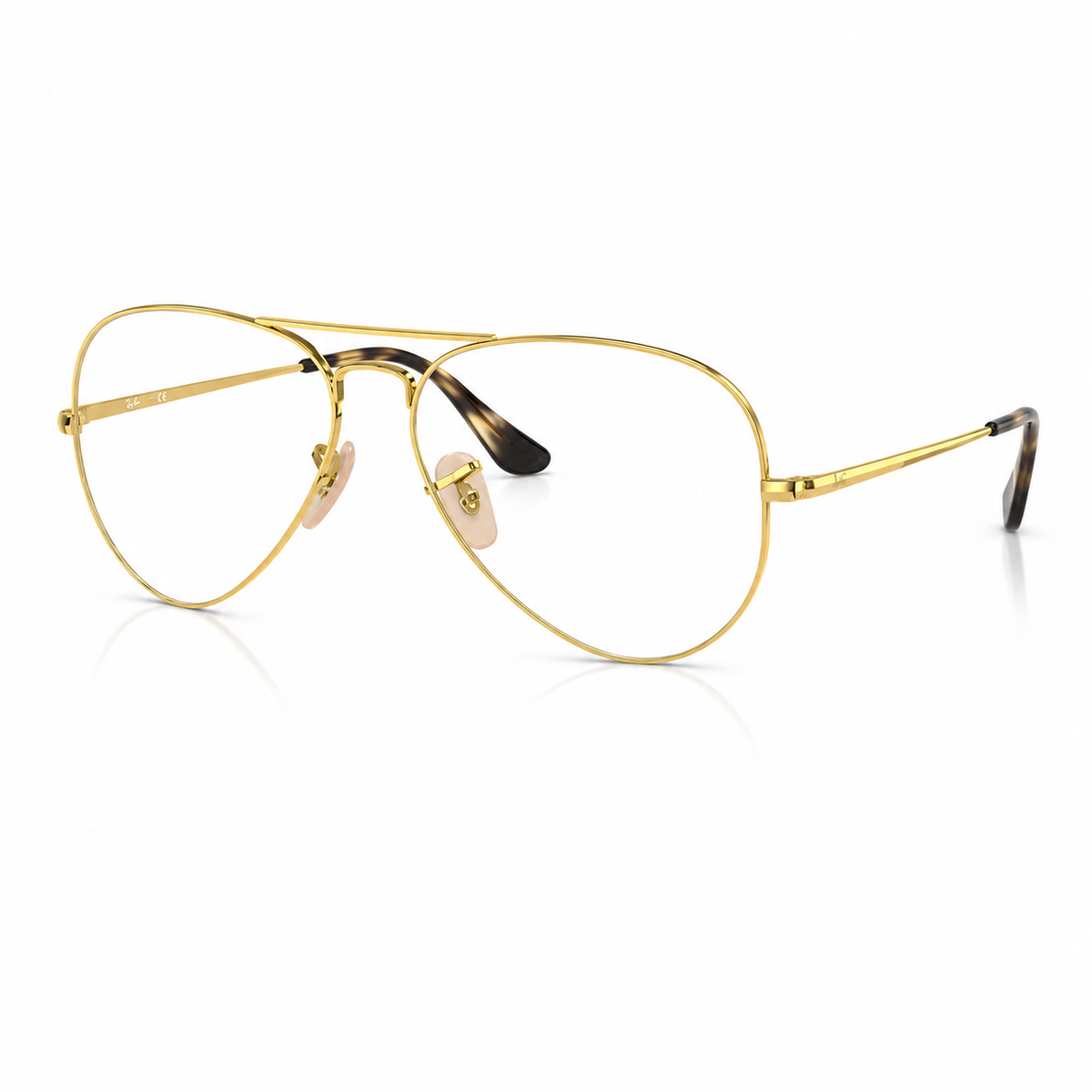 Gold metal aviator-style eyeglasses with clear lenses and tortoiseshell temple tips, shown on a clean white background.