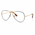 A pair of aviator-style eyeglasses with a gold-tone metal frame, black upper brow bar, and tortoiseshell temple tips, shown on a clean white background with a soft reflection.