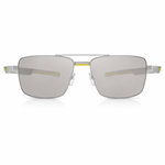 A pair of square aviator-style sunglasses with a silver metal frame, silver mirrored lenses, and a thin yellow accent bar across the bridge.