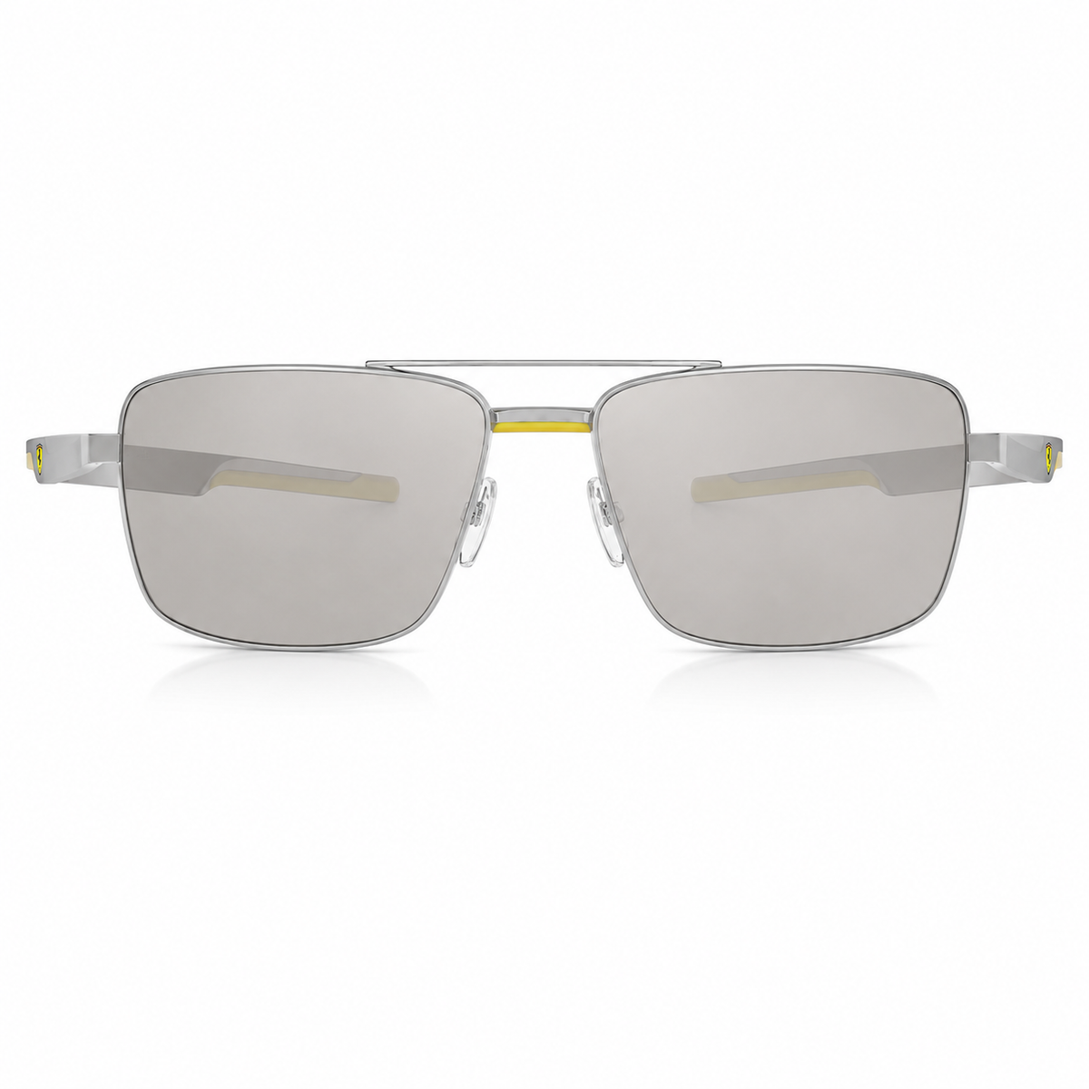 A pair of square aviator-style sunglasses with a silver metal frame, silver mirrored lenses, and a thin yellow accent bar across the bridge.