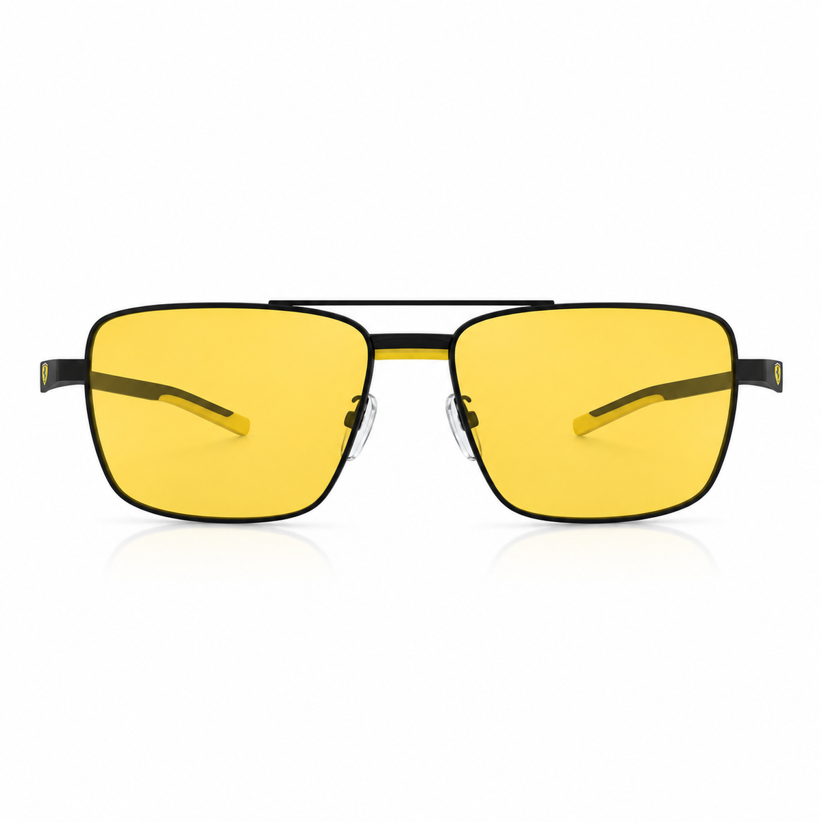 A pair of square aviator-style sunglasses with a thin black metal frame and bright yellow lenses, shown against a plain white background.