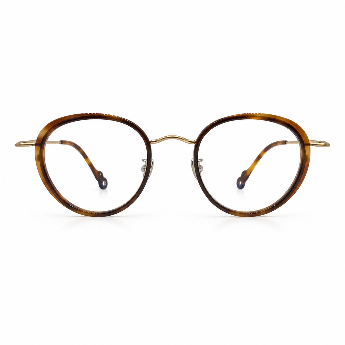 Round tortoise eyeglasses on a white background