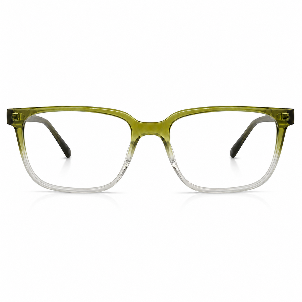 Green and transparent eyeglasses on a white background