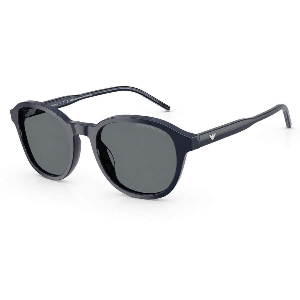 A pair of dark navy blue sunglasses with dark gray lenses, featuring the signature Emporio Armani eagle logo on the temple arm, set against a plain white background.