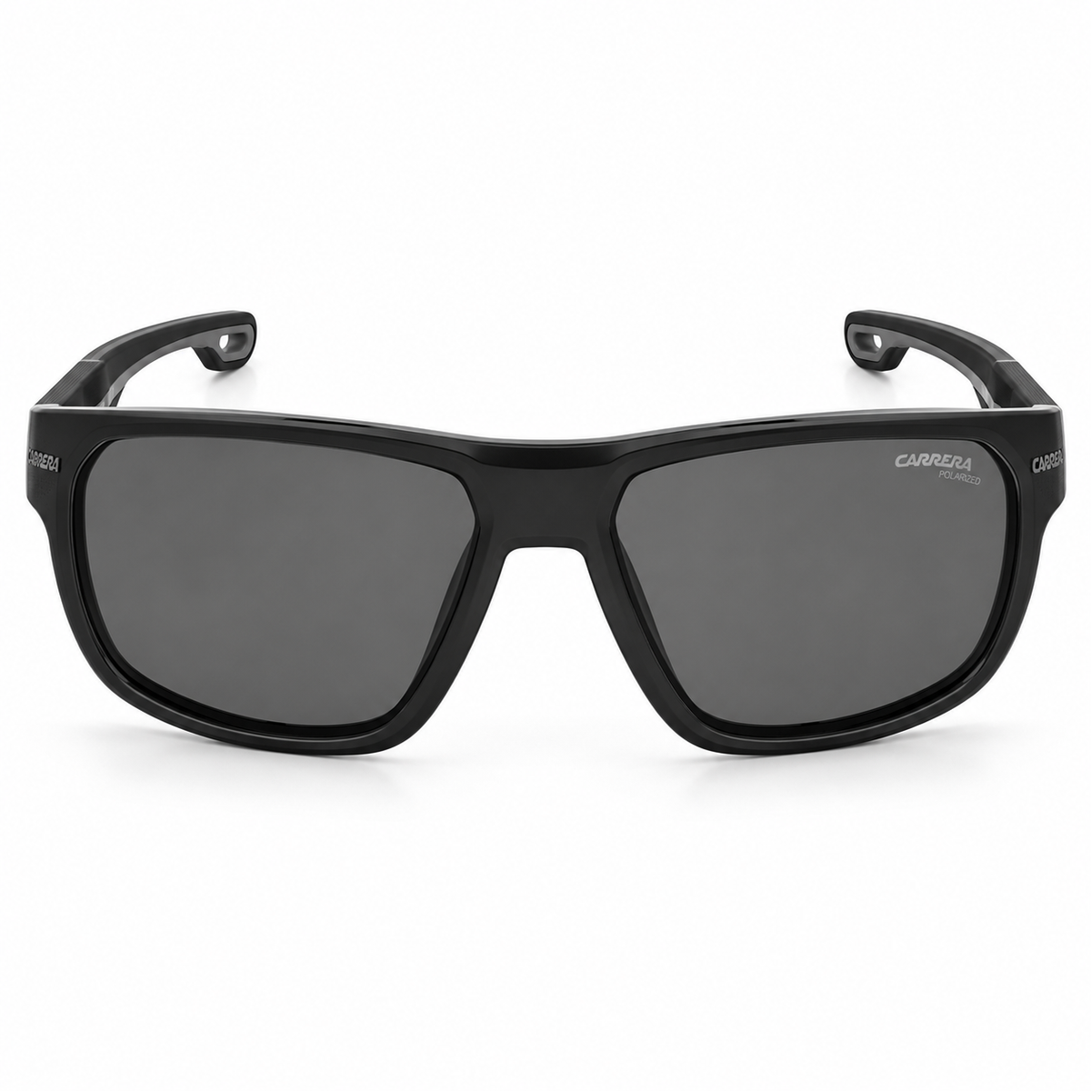 Black sunglasses with dark gray lenses, shown from the front on a white background. 