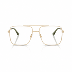 A pair of square aviator-style eyeglasses with a thin gold metal frame and olive green temple tips, shown on a clean white background with a subtle reflection.