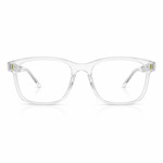 Clear transparent acetate eyeglass frames with square rounded corners and thin temples, shown on a white background.
