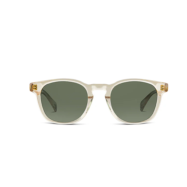 Sunglasses with transparent  frames and dark lenses on a white background