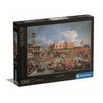 Clementoni 1000-piece jigsaw puzzle box featuring a classical painting of a Venice canal scene with gondolas, historic buildings, and a busy waterfront crowd.