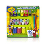 Crayola Washable Paint Kit in a retail box, containing 40 pieces including 12 paint bottles, 10 sheets of paper, and paintbrushes, shown on a white background with a reflection.