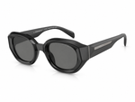 Black geometric-framed sunglasses on a white background. 
