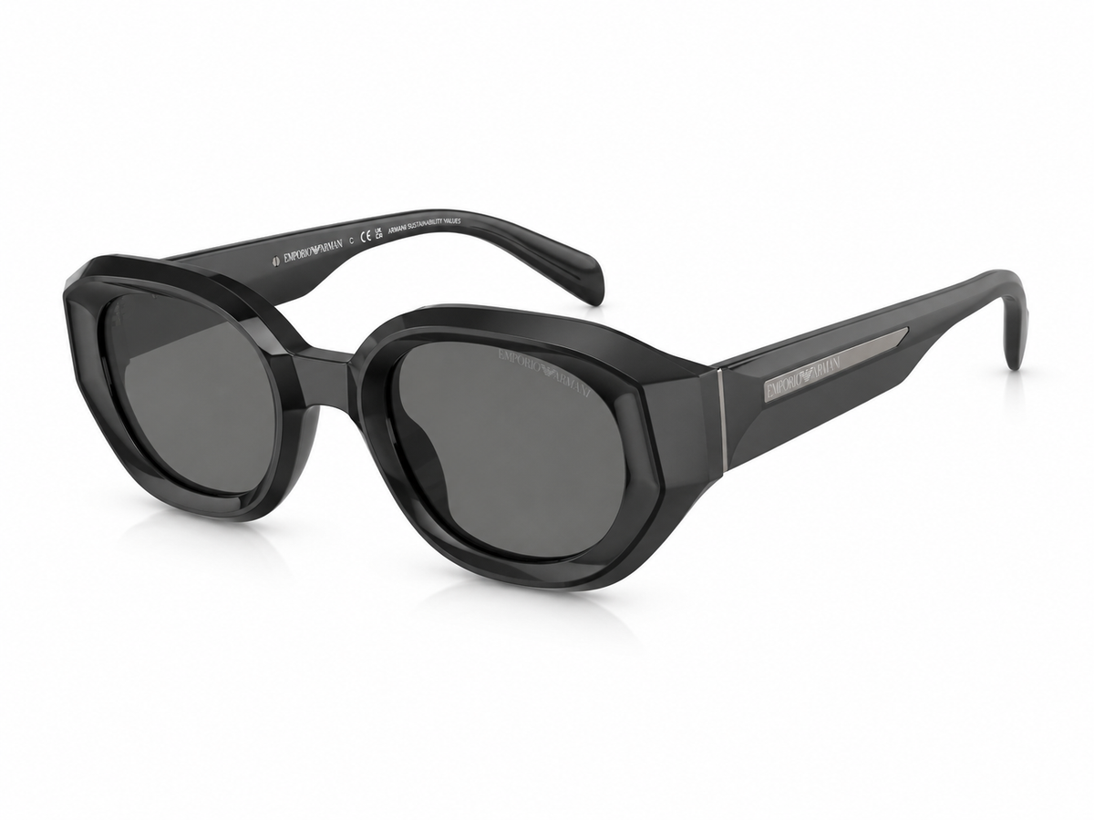 Black geometric-framed sunglasses on a white background. 