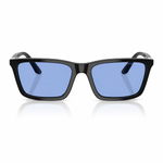 Black square sunglasses with light blue lenses, shown from the front on a white background with a soft reflection below.