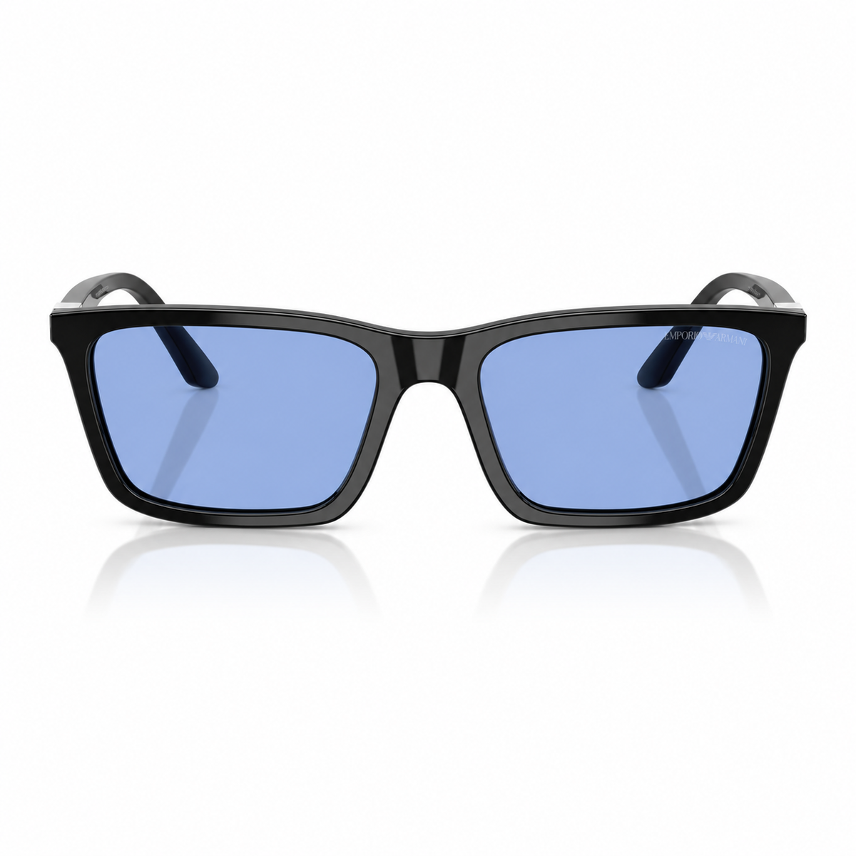 Black square sunglasses with light blue lenses, shown from the front on a white background with a soft reflection below.