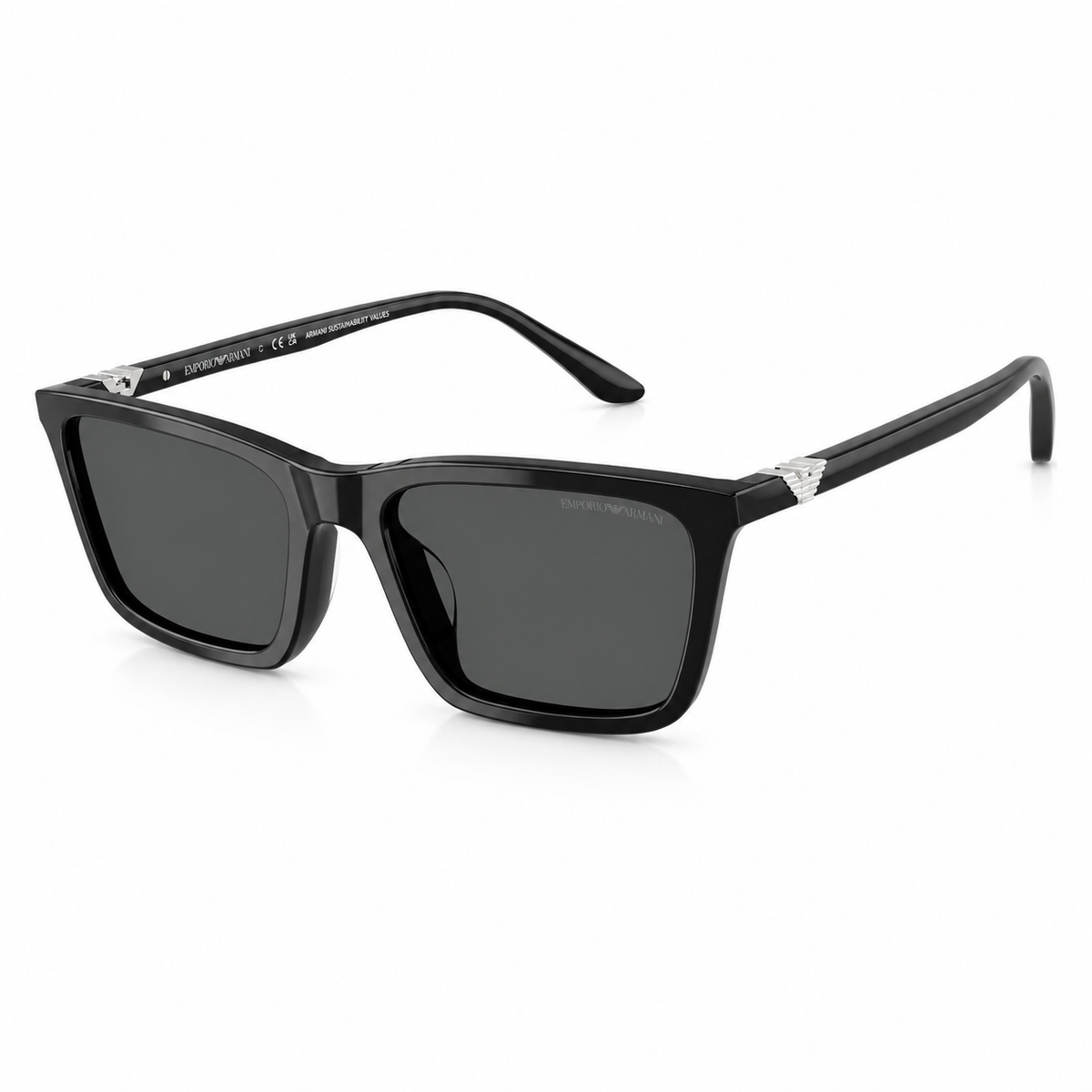 Black sunglasses with silver accents on a white background