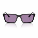 Black square sunglasses with purple-tinted lenses, shown from the front on a white background with a soft reflection below.