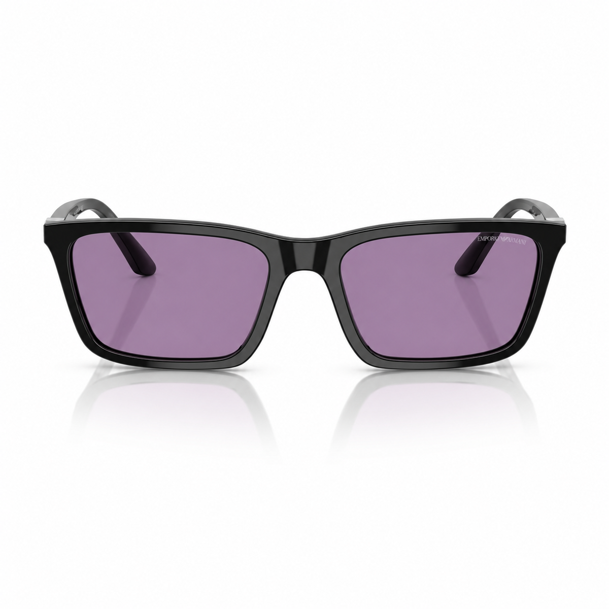 Black square sunglasses with purple-tinted lenses, shown from the front on a white background with a soft reflection below.