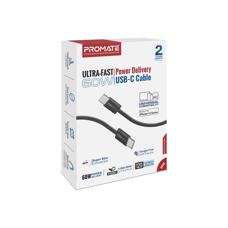 Promate USB-C to USB-C Charging Cable 60W PD Braided 1.2m Purple