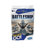 Hasbro Gaming Battleship Grab & Go! game box on a white background, featuring navy blue and white packaging with an illustration of ships at sea.