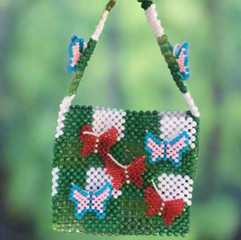 Hand-Woven green butterfly beaded Bag