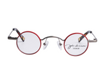 Round eyeglasses with red frames and John Lennon Eyewear logo on a white background