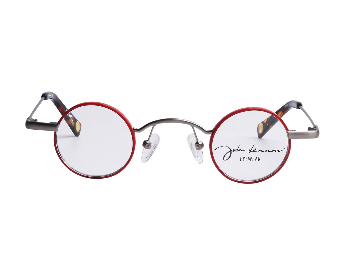 Round eyeglasses with red frames and John Lennon Eyewear logo on a white background