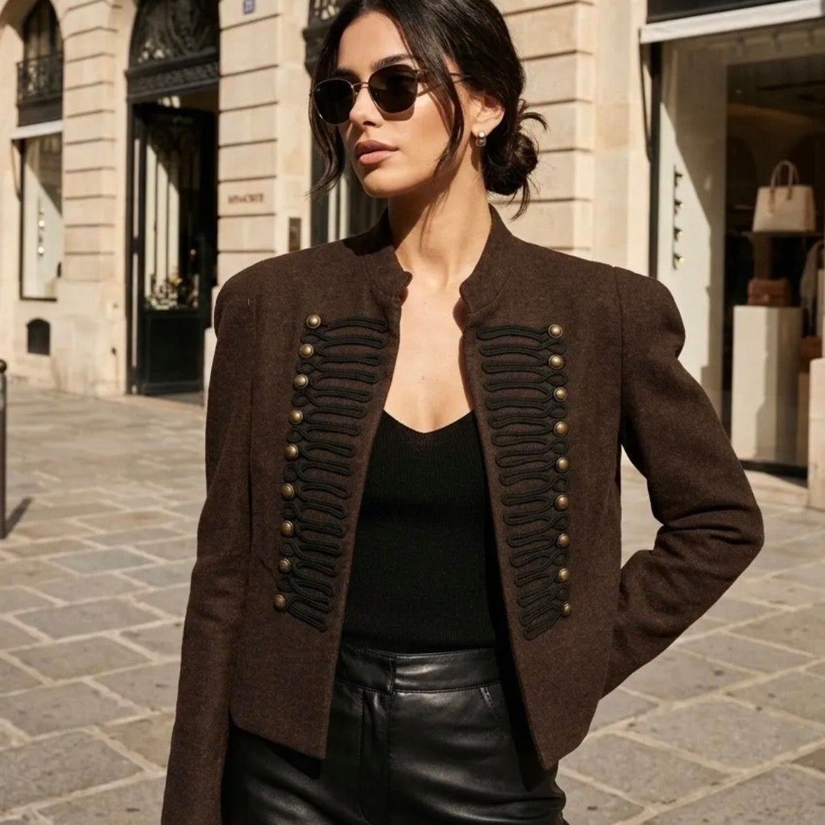 model wearing KIDDING espresso brown wool Napoleon military jacket