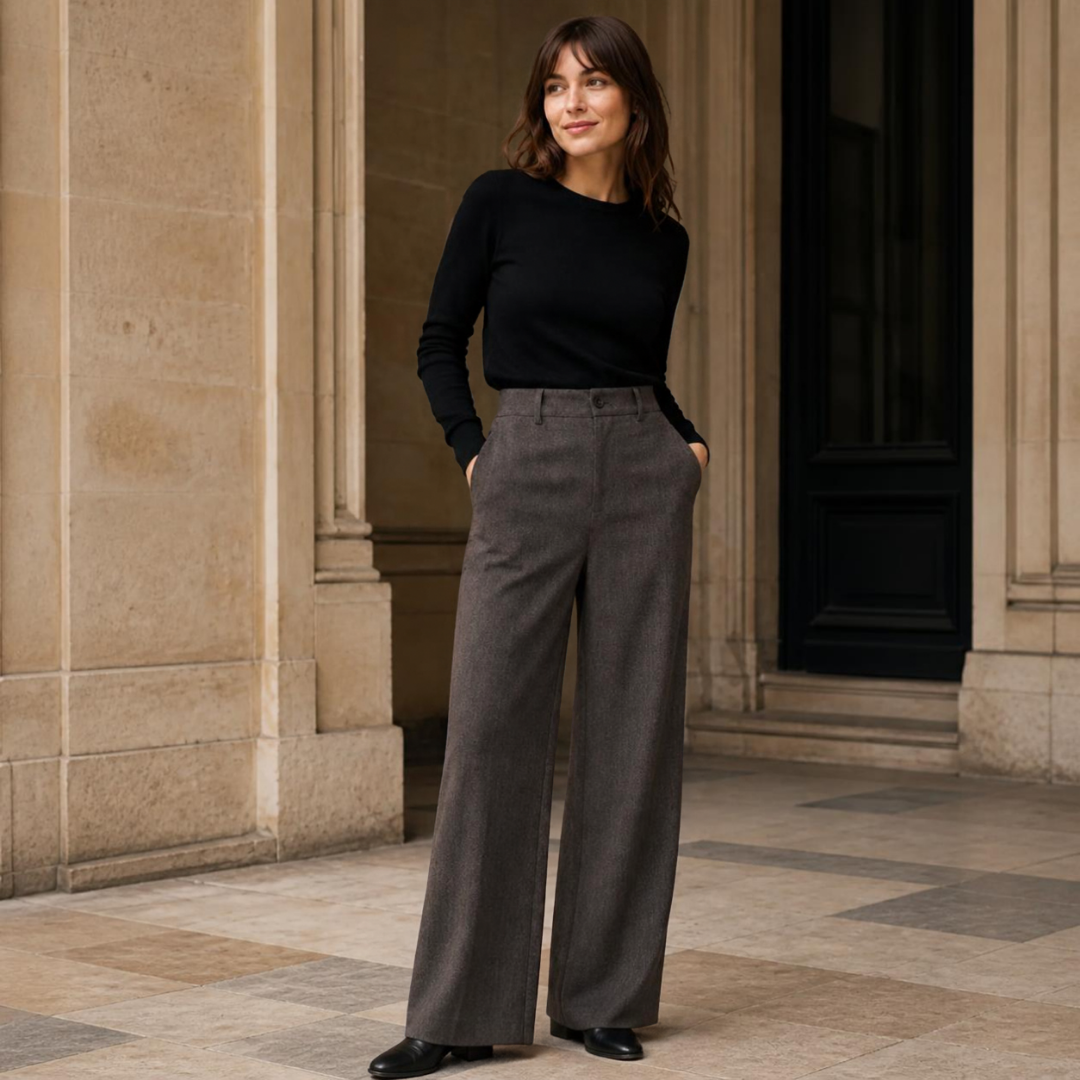 A brunette woman standing against classic stone architecture, wearing KIDDING high-waisted heathered dark taupe wide-leg trousers tucked with a fitted black long-sleeve sweater.