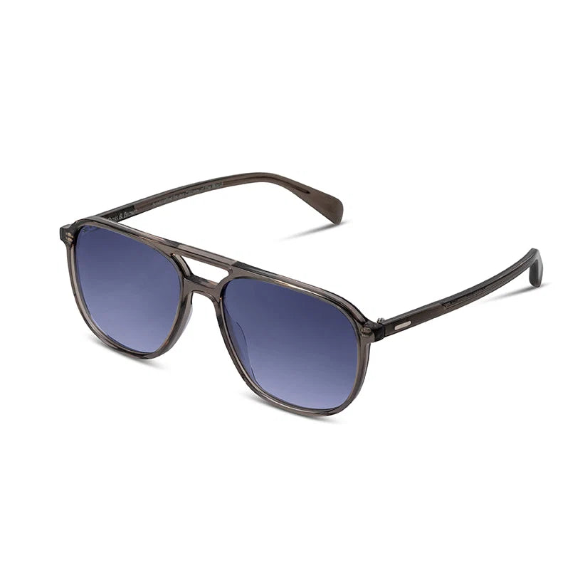 Side angle of grey Sunglasses with blue lenses on a white background.