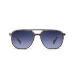 A pair of aviator-style sunglasses with a matte grey brown frame and blue gradient lenses, shown against a plain white background.