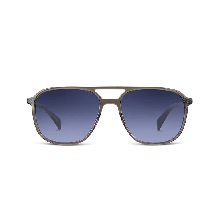 A pair of aviator-style sunglasses with a matte grey brown frame and blue gradient lenses, shown against a plain white background.