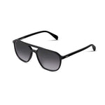 Black aviator-style sunglasses with gradient gray lenses, shown at an angle on a plain white background.