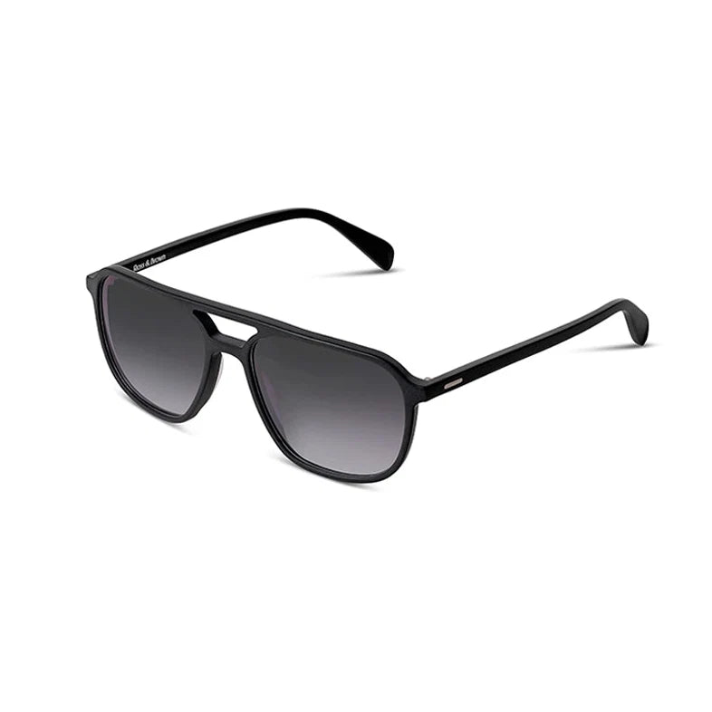 Black aviator-style sunglasses with gradient gray lenses, shown at an angle on a plain white background.