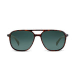 A pair of aviator-style sunglasses with a dark tortoiseshell frame and dark green lenses, shown from the front on a plain white background.