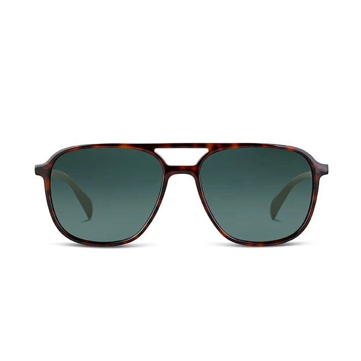 A pair of aviator-style sunglasses with a dark tortoiseshell frame and dark green lenses, shown from the front on a plain white background.